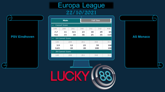 LUCKY88 PSV Eindhoven vs AS Monaco , Soi kèo bóng đá hôm nay 22/10/2021,  Europa League